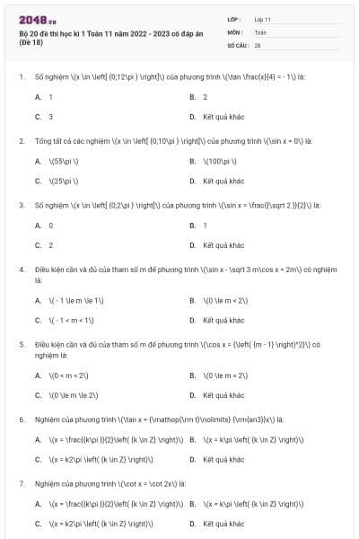 Bộ 20 đề thi học kì 1 Toán 11 năm 2022 - 2023 có đáp án (Đề 18)