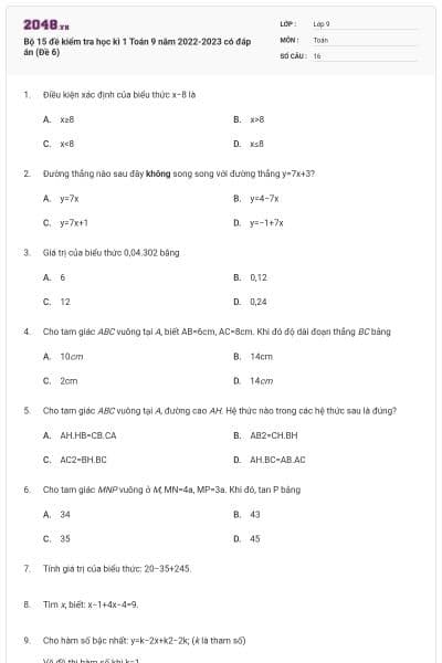 Bộ 15 đề kiểm tra học kì 1 Toán 9 năm 2022-2023 có đáp án (Đề 6)