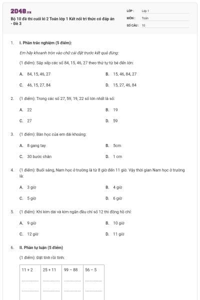Bộ 10 đề thi cuối kì 2 Toán lớp 1 Kết nối tri thức có đáp án - Đề 3