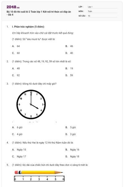 Bộ 10 đề thi cuối kì 2 Toán lớp 1 Kết nối tri thức có đáp án - Đề 4