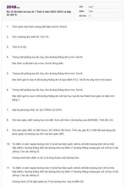 Bộ 15 đề kiểm tra học kì 1 Toán 9 năm 2022-2023 có đáp án (Đề 9)