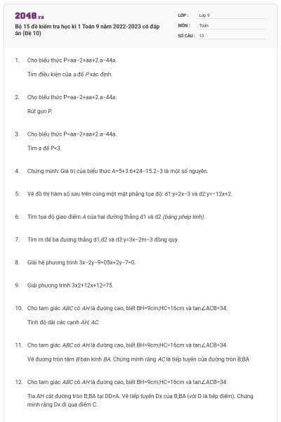 Bộ 15 đề kiểm tra học kì 1 Toán 9 năm 2022-2023 có đáp án (Đề 10)