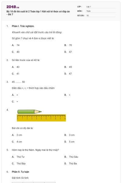 Bộ 10 đề thi cuối kì 2 Toán lớp 1 Kết nối tri thức có đáp án - Đề 7