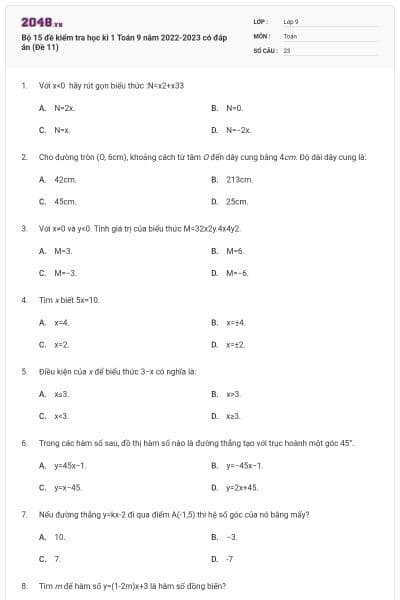 Bộ 15 đề kiểm tra học kì 1 Toán 9 năm 2022-2023 có đáp án (Đề 11)