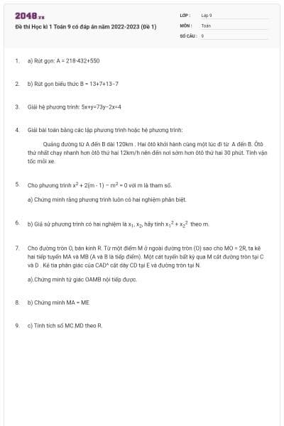 Đề thi Học kì 1 Toán 9 có đáp án năm 2022-2023 (Đề 1)