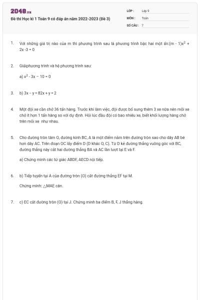 Đề thi Học kì 1 Toán 9 có đáp án năm 2022-2023 (Đề 3)