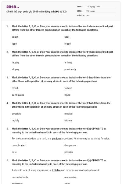 Đề thi thử thpt quốc gia 2019 môn tiếng anh (Đề số 12)