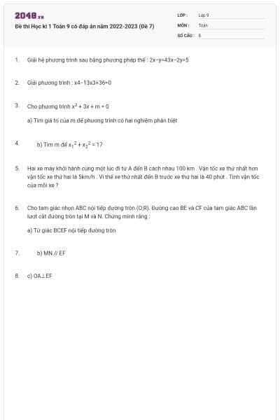Đề thi Học kì 1 Toán 9 có đáp án năm 2022-2023 (Đề 7)