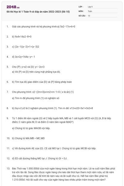 Đề thi Học kì 1 Toán 9 có đáp án năm 2022-2023 (Đề 10)
