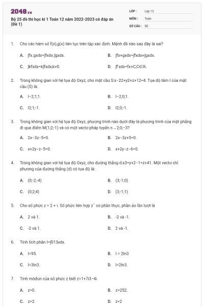 Bộ 25 đề thi học kì 1 Toán 12 năm 2022-2023 có đáp án (Đề 1)