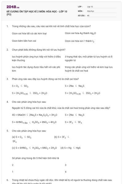 ĐỀ CƯƠNG ÔN TẬP HỌC KÌ 2 MÔN: HÓA HỌC - LỚP 10 (P3)