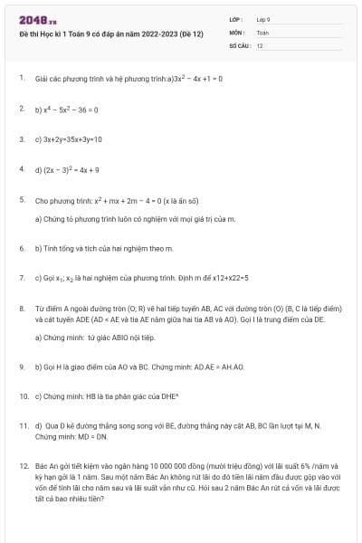 Đề thi Học kì 1 Toán 9 có đáp án năm 2022-2023 (Đề 12)