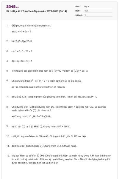Đề thi Học kì 1 Toán 9 có đáp án năm 2022-2023 (Đề 14)