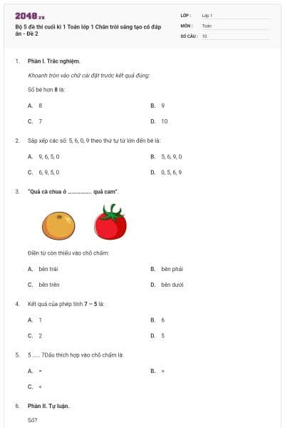 Bộ 5 đề thi cuối kì 1 Toán lớp 1 Chân trời sáng tạo có đáp án - Đề 2