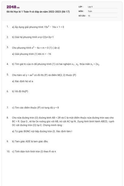 Đề thi Học kì 1 Toán 9 có đáp án năm 2022-2023 (Đề 17)