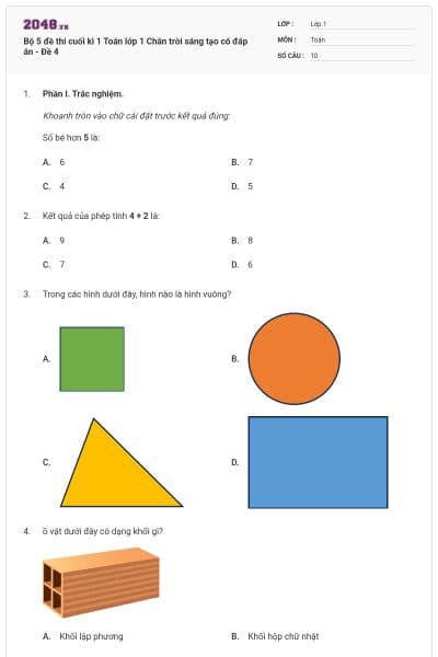 Bộ 5 đề thi cuối kì 1 Toán lớp 1 Chân trời sáng tạo có đáp án - Đề 4