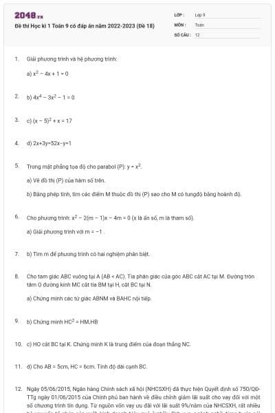 Đề thi Học kì 1 Toán 9 có đáp án năm 2022-2023 (Đề 18)
