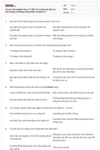 23 câu Trắc nghiệm Địa Lí 12 Bài 15 (có đáp án): Bảo vệ môi trường và phòng chống thiên tai (phần 1)