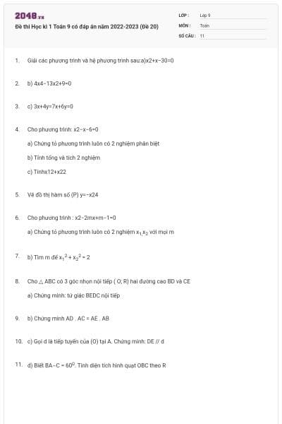 Đề thi Học kì 1 Toán 9 có đáp án năm 2022-2023 (Đề 20)