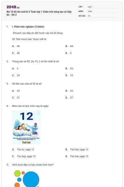 Bộ 10 đề thi cuối kì 2 Toán lớp 1 Chân trời sáng tạo có đáp án - Đề 2