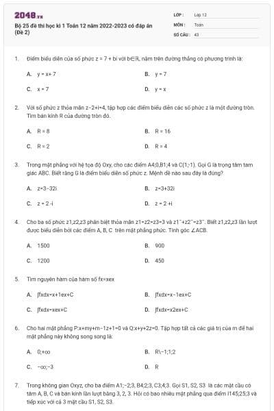 Bộ 25 đề thi học kì 1 Toán 12 năm 2022-2023 có đáp án (Đề 2)