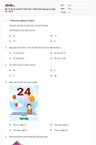 Bộ 10 đề thi cuối kì 2 Toán lớp 1 Chân trời sáng tạo có đáp án - Đề 3