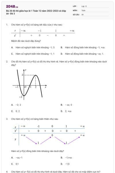 Bộ 20 đề thi giữa học kì 1 Toán 12 năm 2022-2023 có đáp án- Đề 3