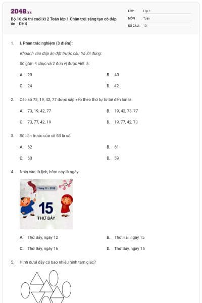 Bộ 10 đề thi cuối kì 2 Toán lớp 1 Chân trời sáng tạo có đáp án - Đề 4