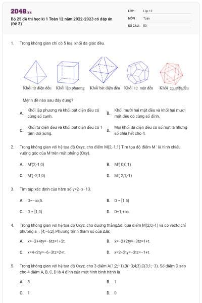 Bộ 25 đề thi học kì 1 Toán 12 năm 2022-2023 có đáp án (Đề 3)