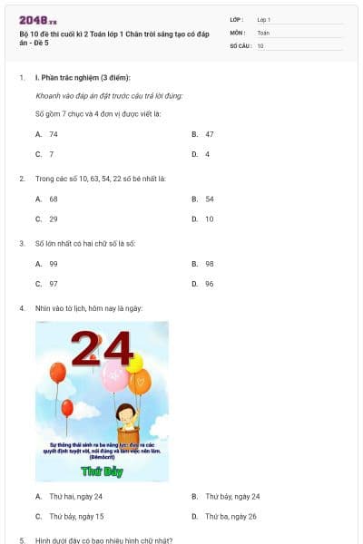 Bộ 10 đề thi cuối kì 2 Toán lớp 1 Chân trời sáng tạo có đáp án - Đề 5