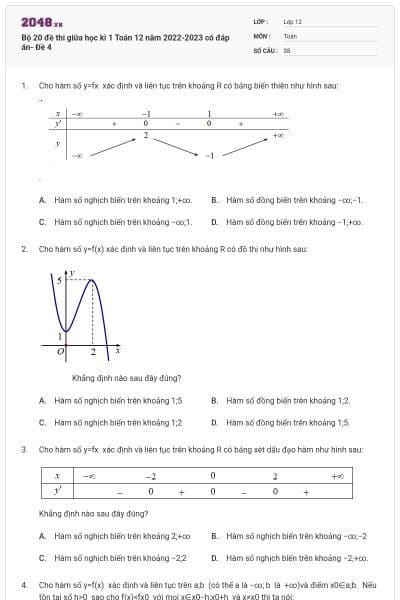 Bộ 20 đề thi giữa học kì 1 Toán 12 năm 2022-2023 có đáp án- Đề 4
