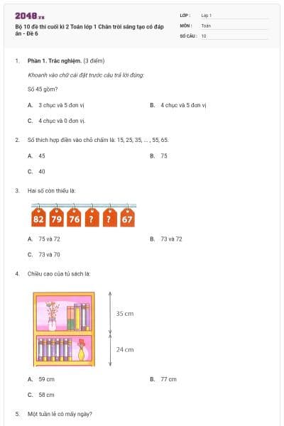 Bộ 10 đề thi cuối kì 2 Toán lớp 1 Chân trời sáng tạo có đáp án - Đề 6
