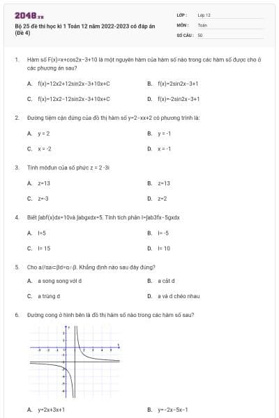 Bộ 25 đề thi học kì 1 Toán 12 năm 2022-2023 có đáp án (Đề 4)
