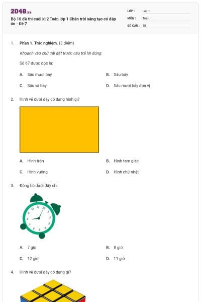 Bộ 10 đề thi cuối kì 2 Toán lớp 1 Chân trời sáng tạo có đáp án - Đề 7