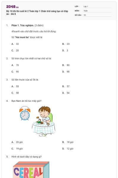 Bộ 10 đề thi cuối kì 2 Toán lớp 1 Chân trời sáng tạo có đáp án - Đề 8