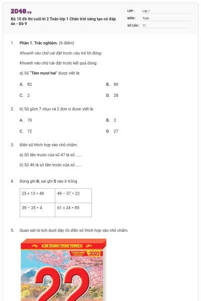 Bộ 10 đề thi cuối kì 2 Toán lớp 1 Chân trời sáng tạo có đáp án - Đề 9