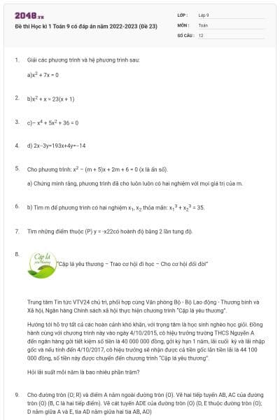 Đề thi Học kì 1 Toán 9 có đáp án năm 2022-2023 (Đề 23)