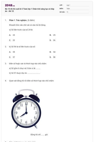 Bộ 10 đề thi cuối kì 2 Toán lớp 1 Chân trời sáng tạo có đáp án - Đề 10