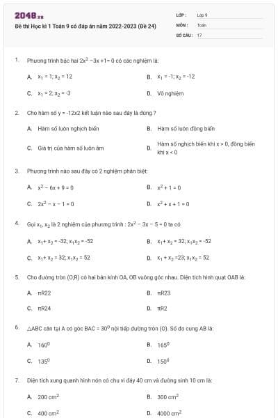 Đề thi Học kì 1 Toán 9 có đáp án năm 2022-2023 (Đề 24)