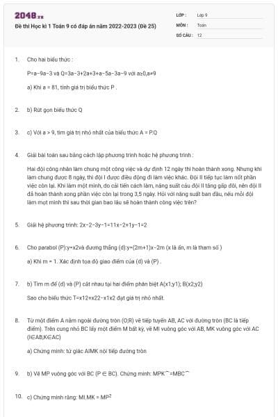 Đề thi Học kì 1 Toán 9 có đáp án năm 2022-2023 (Đề 25)