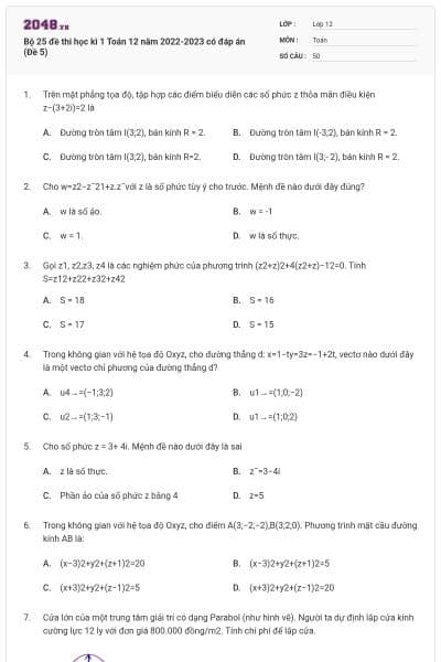 Bộ 25 đề thi học kì 1 Toán 12 năm 2022-2023 có đáp án (Đề 5)