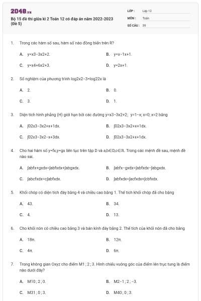 Bộ 15 đề thi giữa kì 2 Toán 12 có đáp án năm 2022-2023 (Đề 5)