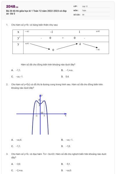 Bộ 20 đề thi giữa học kì 1 Toán 12 năm 2022-2023 có đáp án- Đề 5