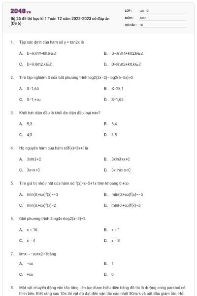 Bộ 25 đề thi học kì 1 Toán 12 năm 2022-2023 có đáp án (Đề 6)