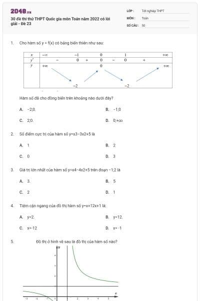 30 đề thi thử THPT Quốc gia môn Toán năm 2022 có lời giải - Đề 23