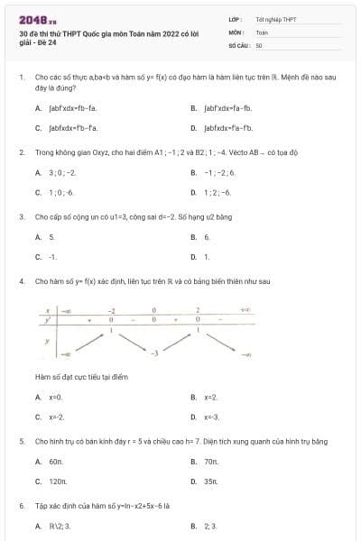30 đề thi thử THPT Quốc gia môn Toán năm 2022 có lời giải - Đề 24