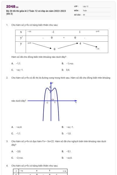 Bộ 20 đề thi giữa kì 2 Toán 12 có đáp án năm 2022-2023 (Đề 3)