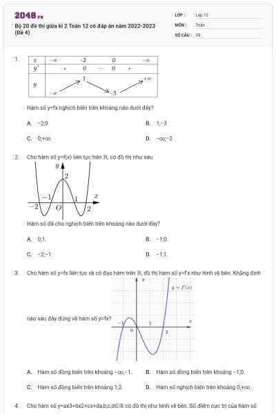 Bộ 20 đề thi giữa kì 2 Toán 12 có đáp án năm 2022-2023 (Đề 4)