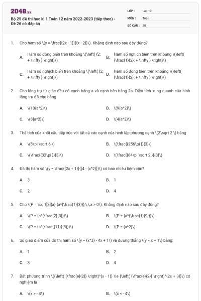 Bộ 25 đề thi học kì 1 Toán 12 năm 2022-2023 (tiếp theo) - Đề 26 có đáp án