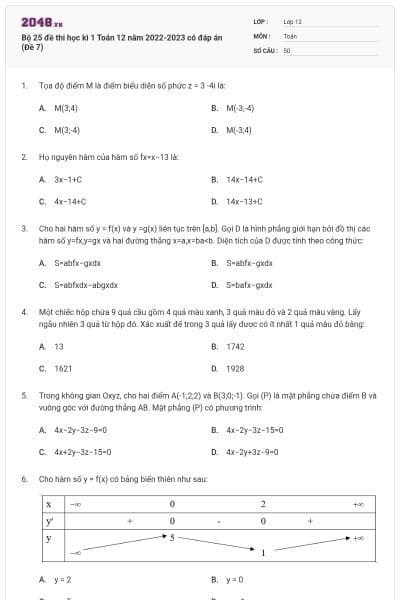 Bộ 25 đề thi học kì 1 Toán 12 năm 2022-2023 có đáp án (Đề 7)